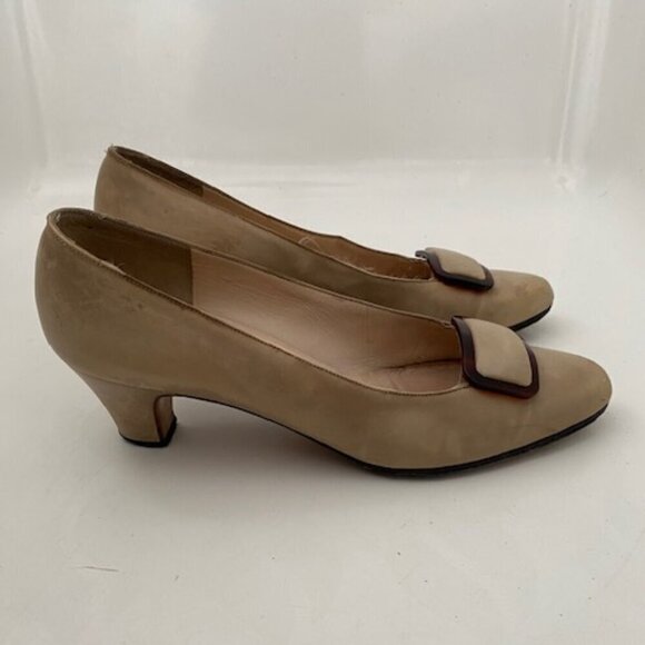 VINTAGE Ferragamo Tan Brown Leather Buckle Pumps Heels Shoes 7 - Picture 8 of 15